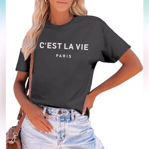 NWOT C'est La Vie T-Paris Graphic Short Sleeve Tee, Black w/ White Lettering XS